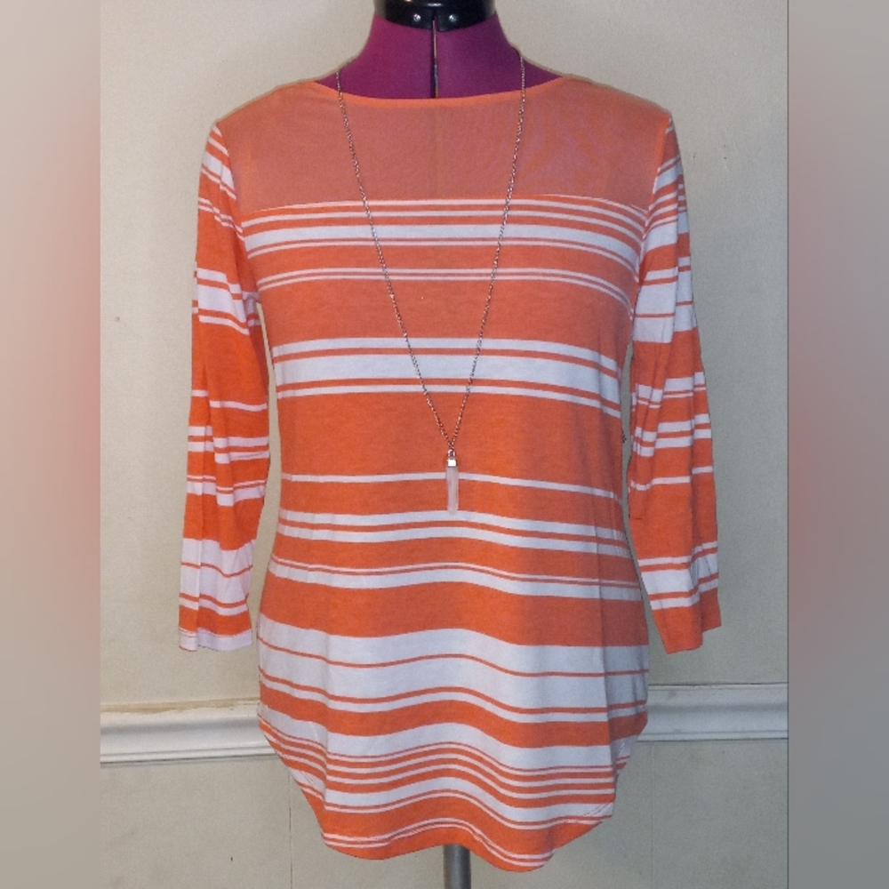 NWT Women's Striped Orange Blouse with Necklace